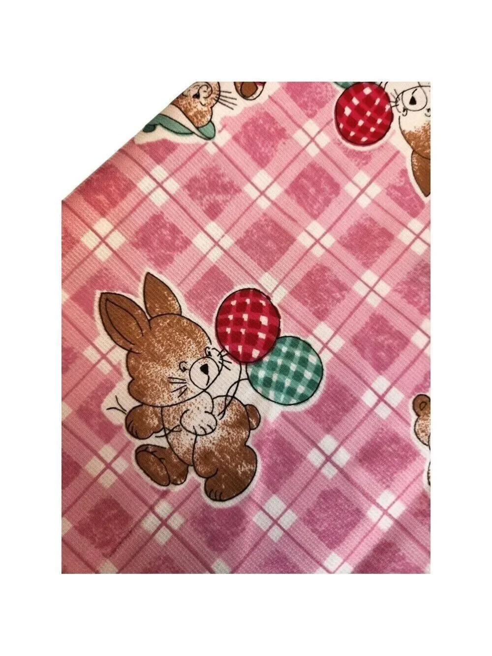 Vintage Pink Bunny Fabric Plaid Cotton Poly Children Novelty Fabric 1.75 Yards S